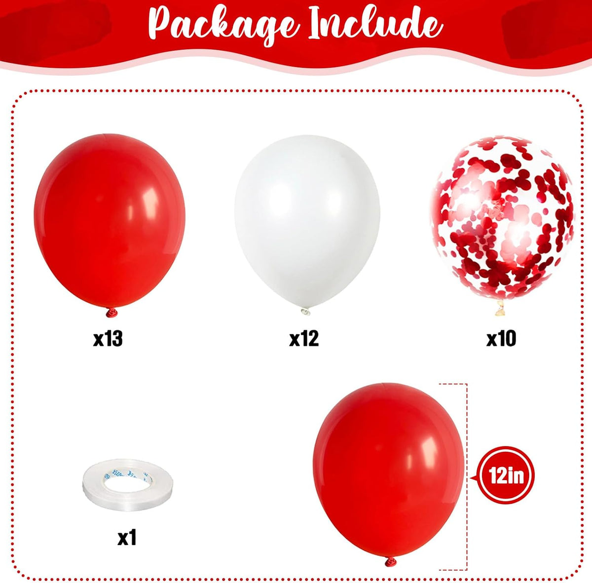 12 Inch Red White Confetti Latex Balloons Set, 35 Pack - Helium Party for Girls Women Birthday