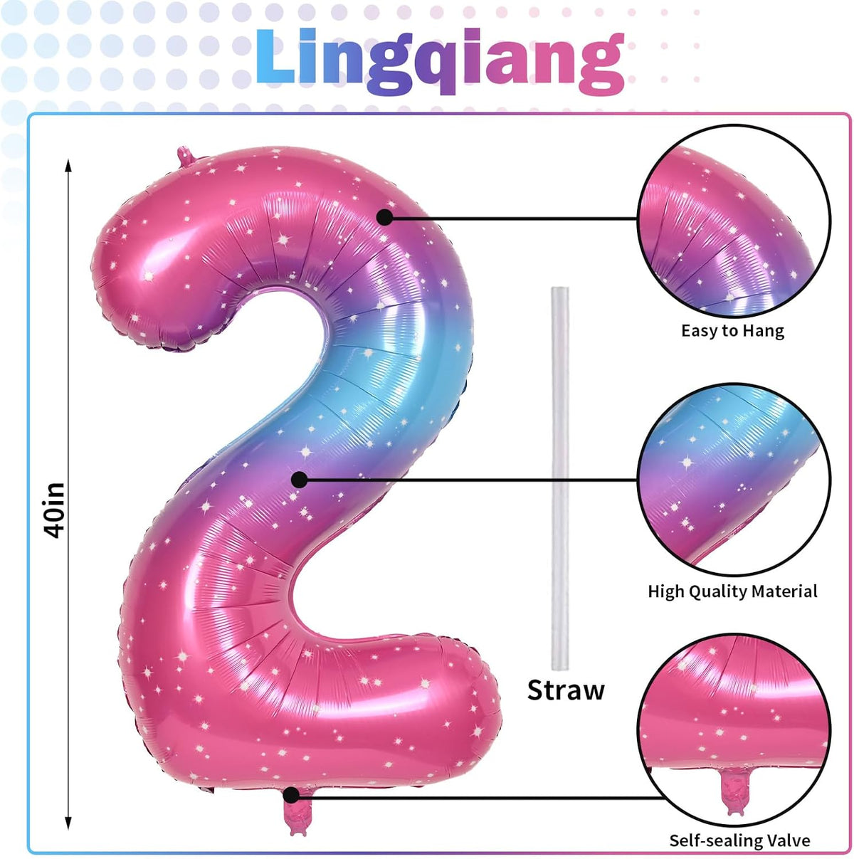 Gradient Blue Pink 2 Balloons, 40 Inch Giant Helium Foil Number 0-9 Rainbow 2th Birthday Balloon