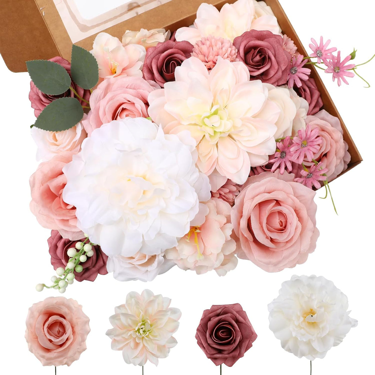Floweroyal Artificial Flowers Combo Pink Flowers Mix Silk Flowers Dahlia Roses with Stems for DIY