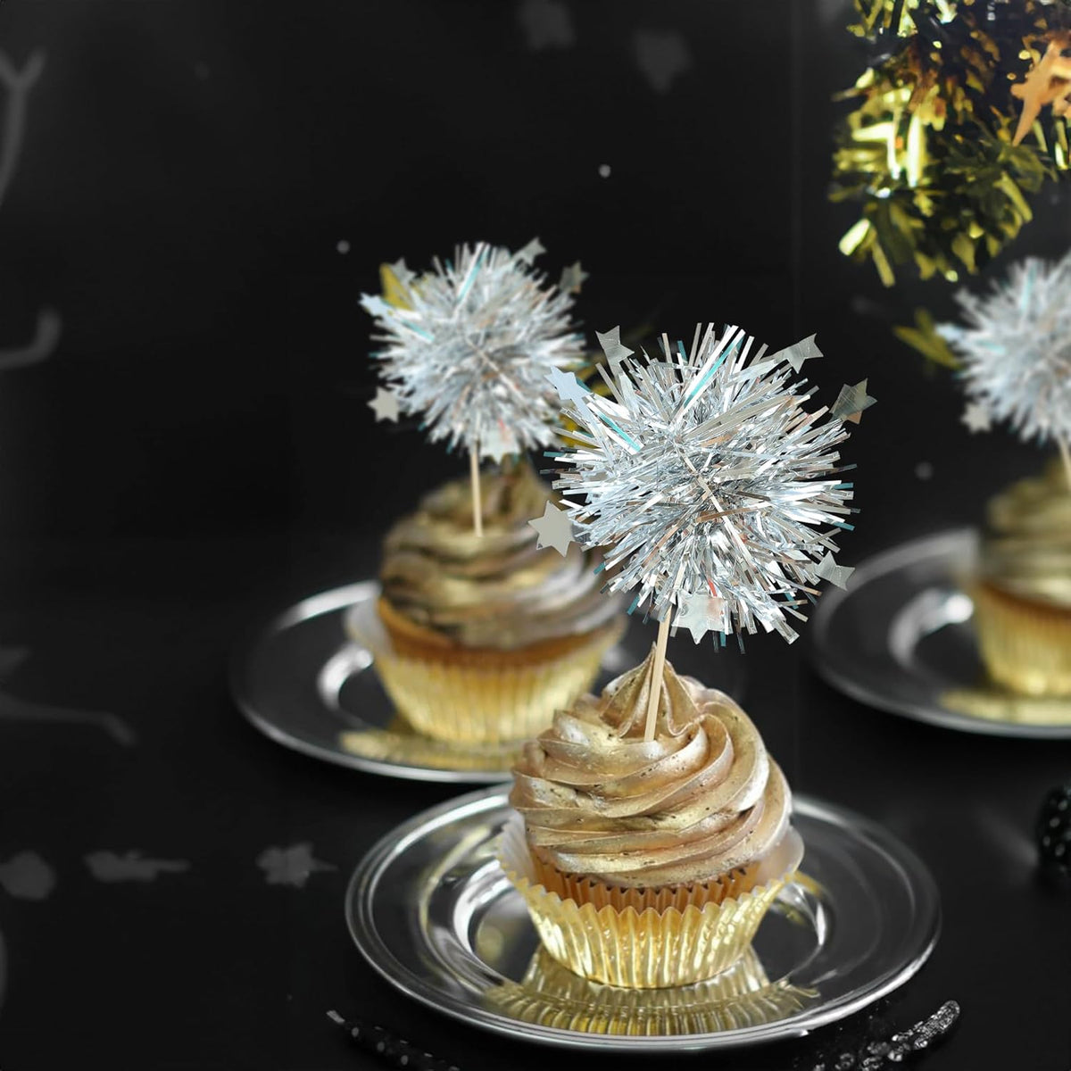 Ephlyn 30Pcs Foil Firework Cupcake Toppers Party Birthday Cake Toppers Supplies Sparkle Tinsel