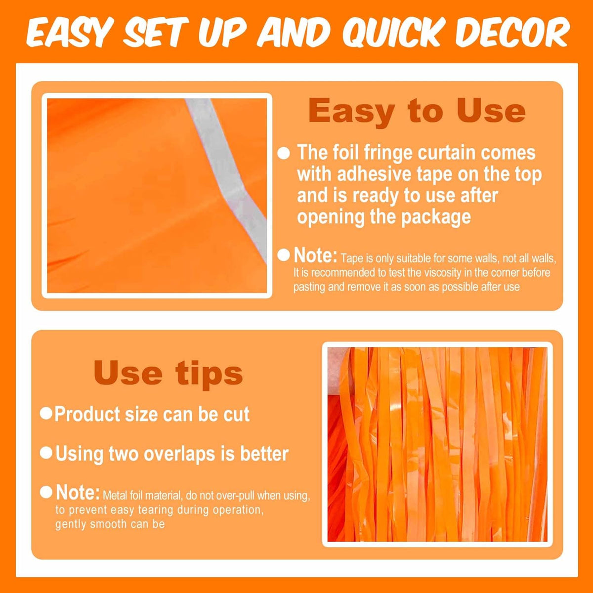 6 Pack Macaron Orange Foil Fringe Curtains Backdrop, 3.28 x 8.2 Ft Metallic Streamers Tinsel