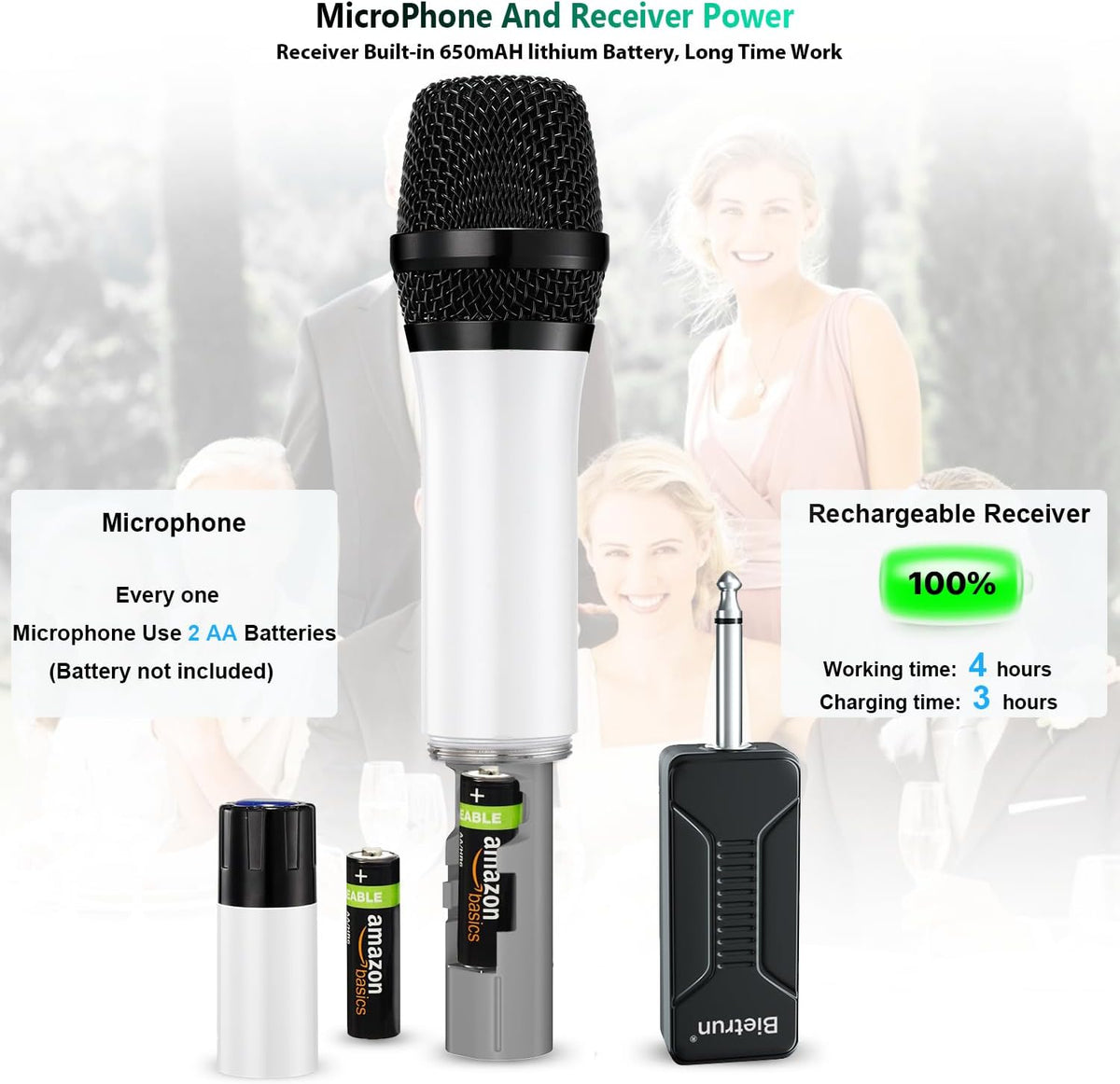 Wireless Microphone, Bietrun UHF Metal Dual Handheld Cordless Dynamic Mic System with Rechargeable