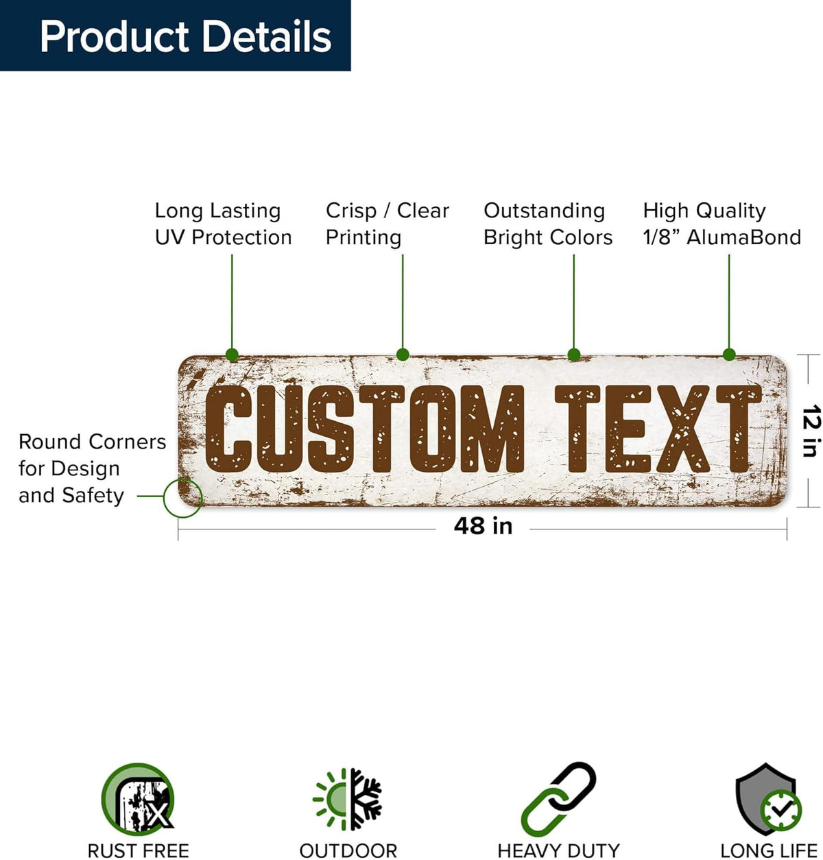 Custom Sign, Custom Street Sign, 11 Font Colors, 13 Font Styles, 4 Hole Options, 22 Sizes, 12x48
