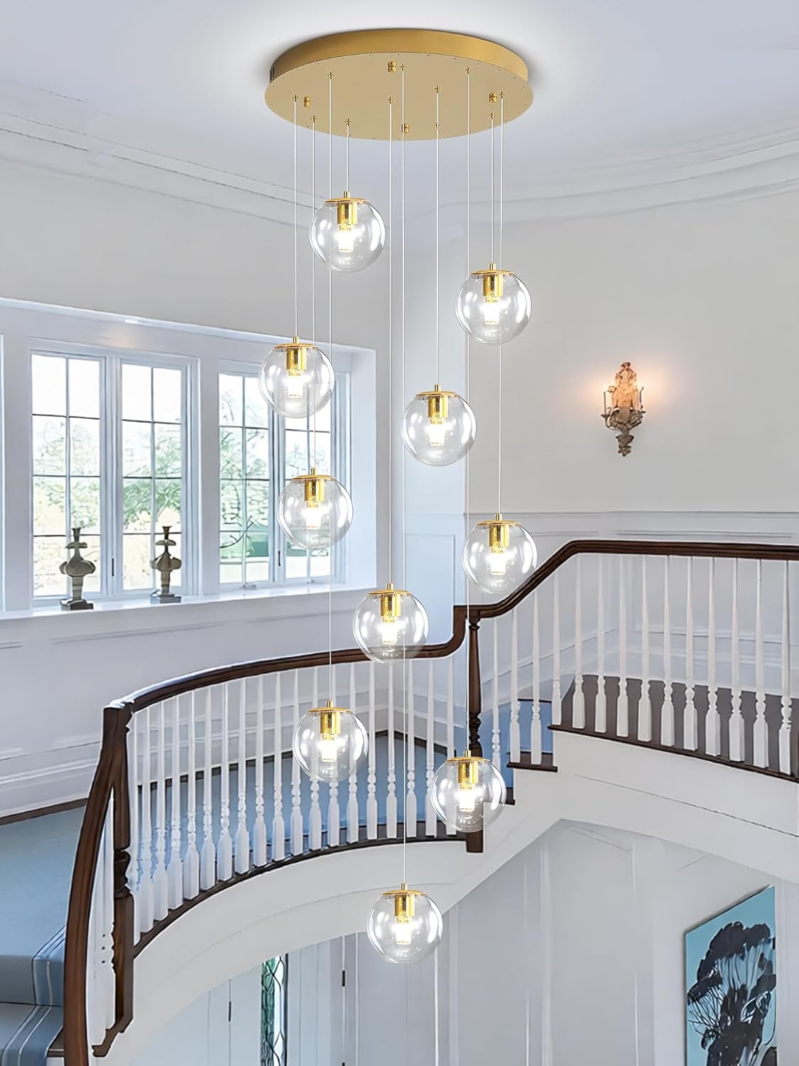 H118 Modern Glass Globe Chandelier Staircase Chandelier for Entryway 12-Lights Glass Globe Pendant