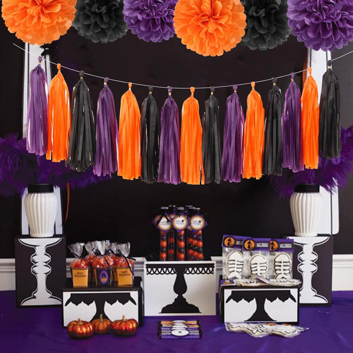 Black Purple Orange Halloween Party-Decorations - 23pcs Tissue Pom Poms Streamers,Tassel Garland
