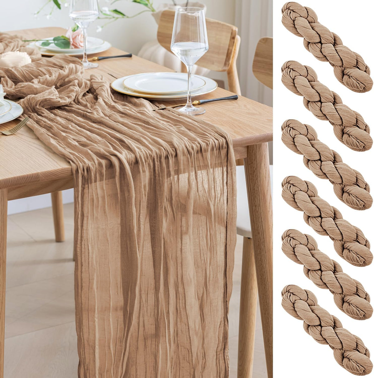 Asee'm 6pcs Cheesecloth Table Runner 120 Inches Long Nude Boho Gauze Cheese Cloth Runner 10FT