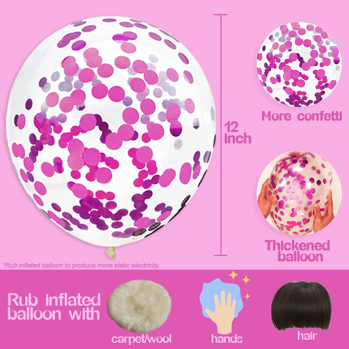 Hot Pink Confetti Balloons, 25 Pcs Thickened 12 Inch Clear Latex Balloon with Confetti Inside for