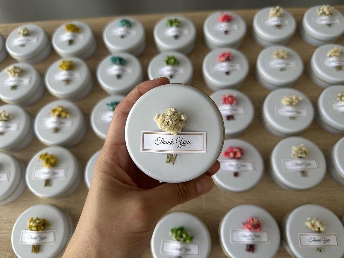 Scented Soy Wax Candle Favors with Dried Flowers - Personalized for Weddings, Bridal Showers, Baby
