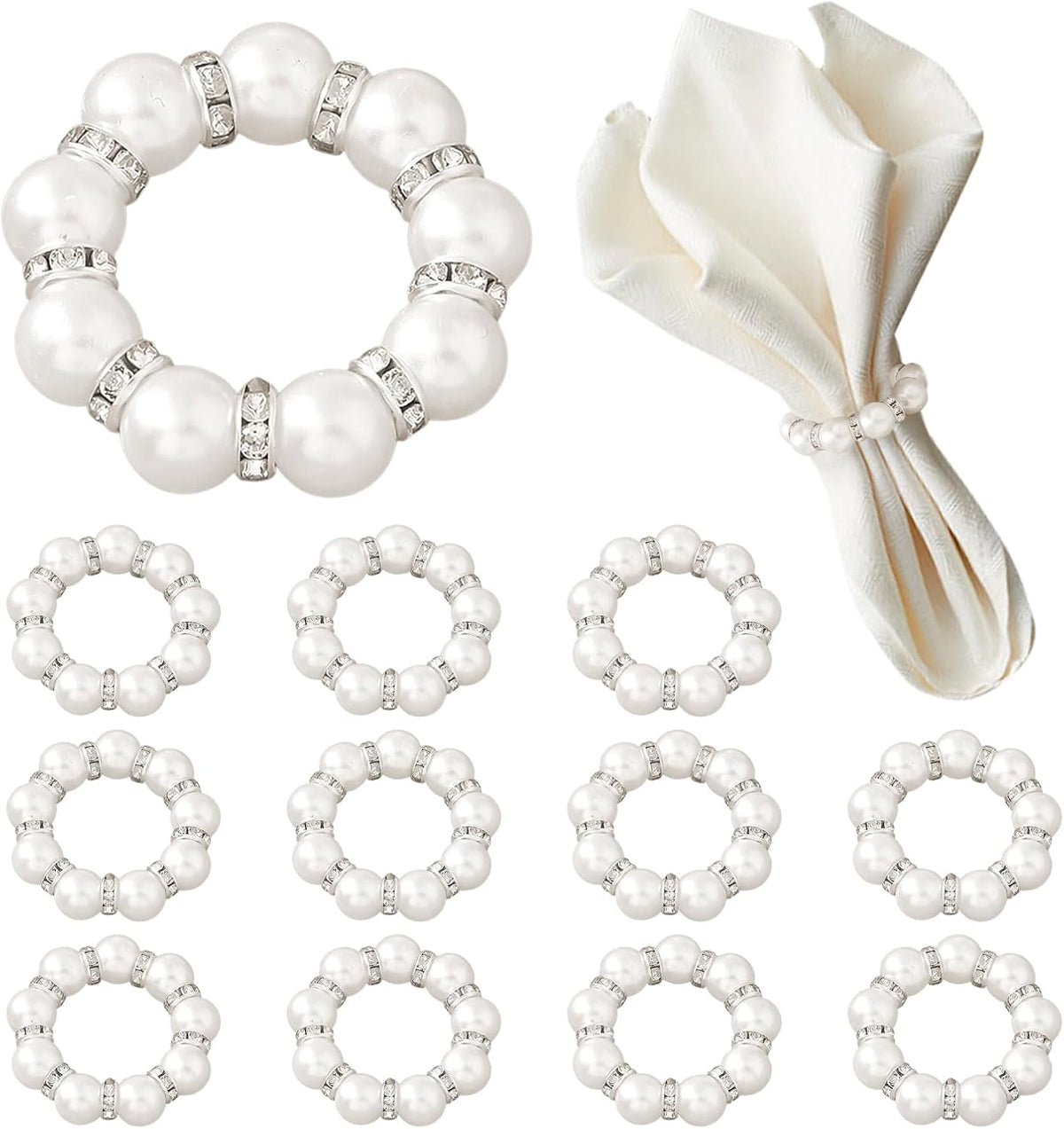 12Pcs Pearl Napkin Rings, Round Napkin Buckles Wedding Beaded White Napkin Rings Silver Napkin Ring