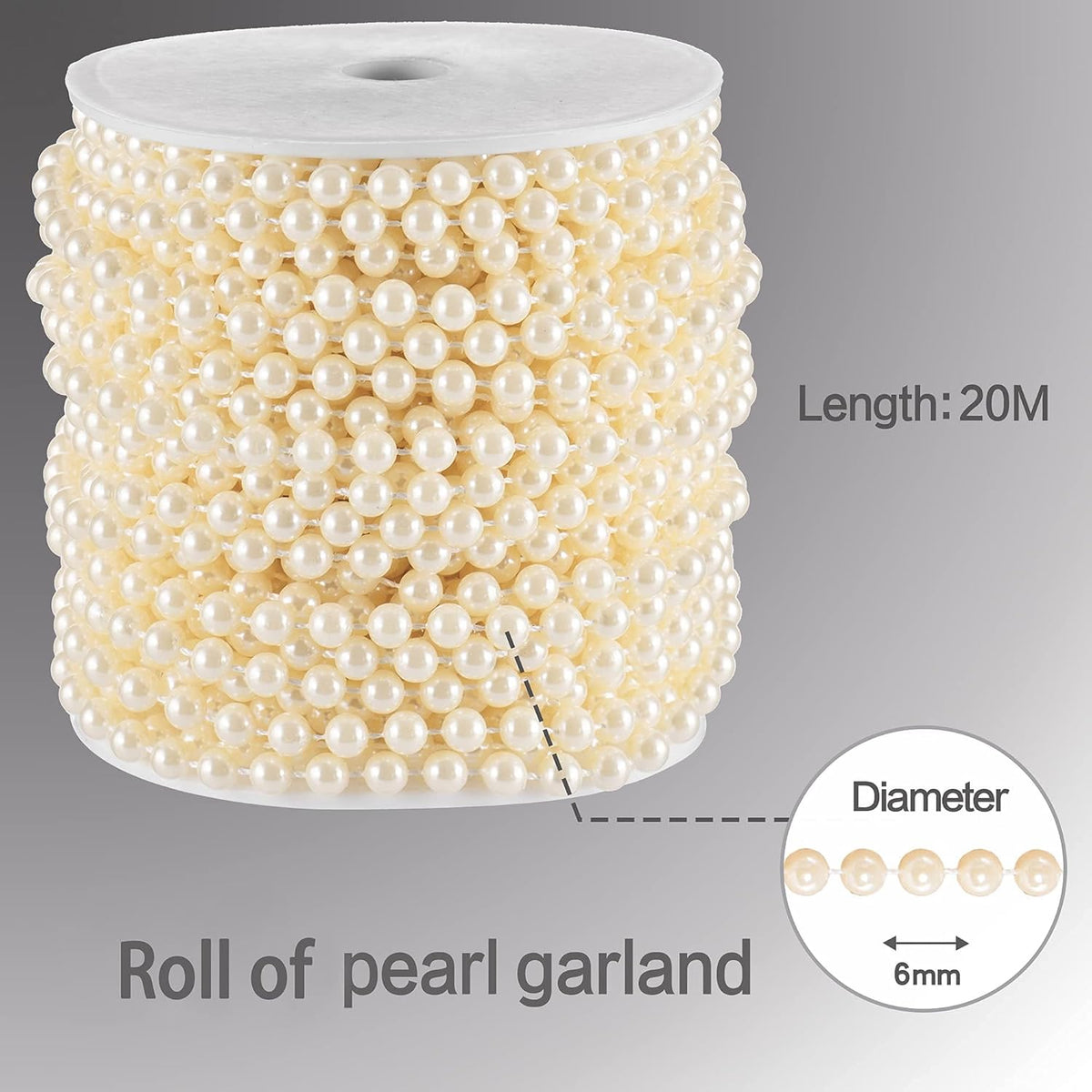 Craft String Pearls 6MM Pearl Bead, 66 Feet Ivory Faux Pearl Garland Spool Roll Strand Wedding