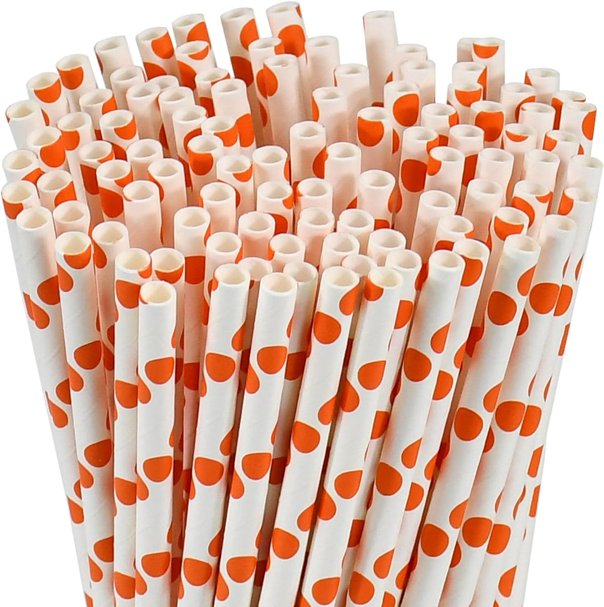 Orange Polka Dots Paper Drinking Straws 7.75 inch Disposable 100 Counts - for Drinks, Juice