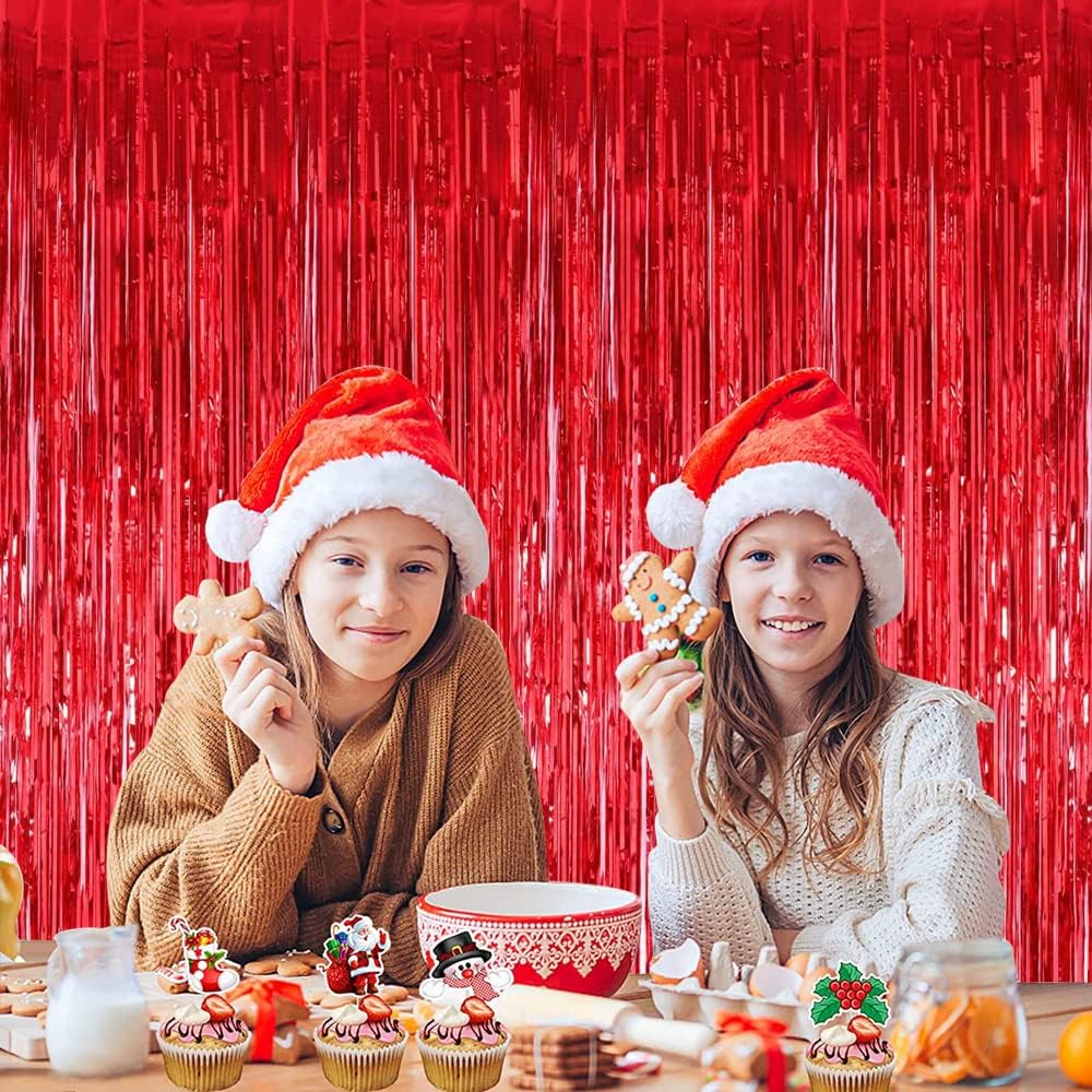 3Pcs Red Metallic Tinsel Foil Fringe Curtains,3.28ft x 6.56ft Red Photo Booth Backdrop Streamer