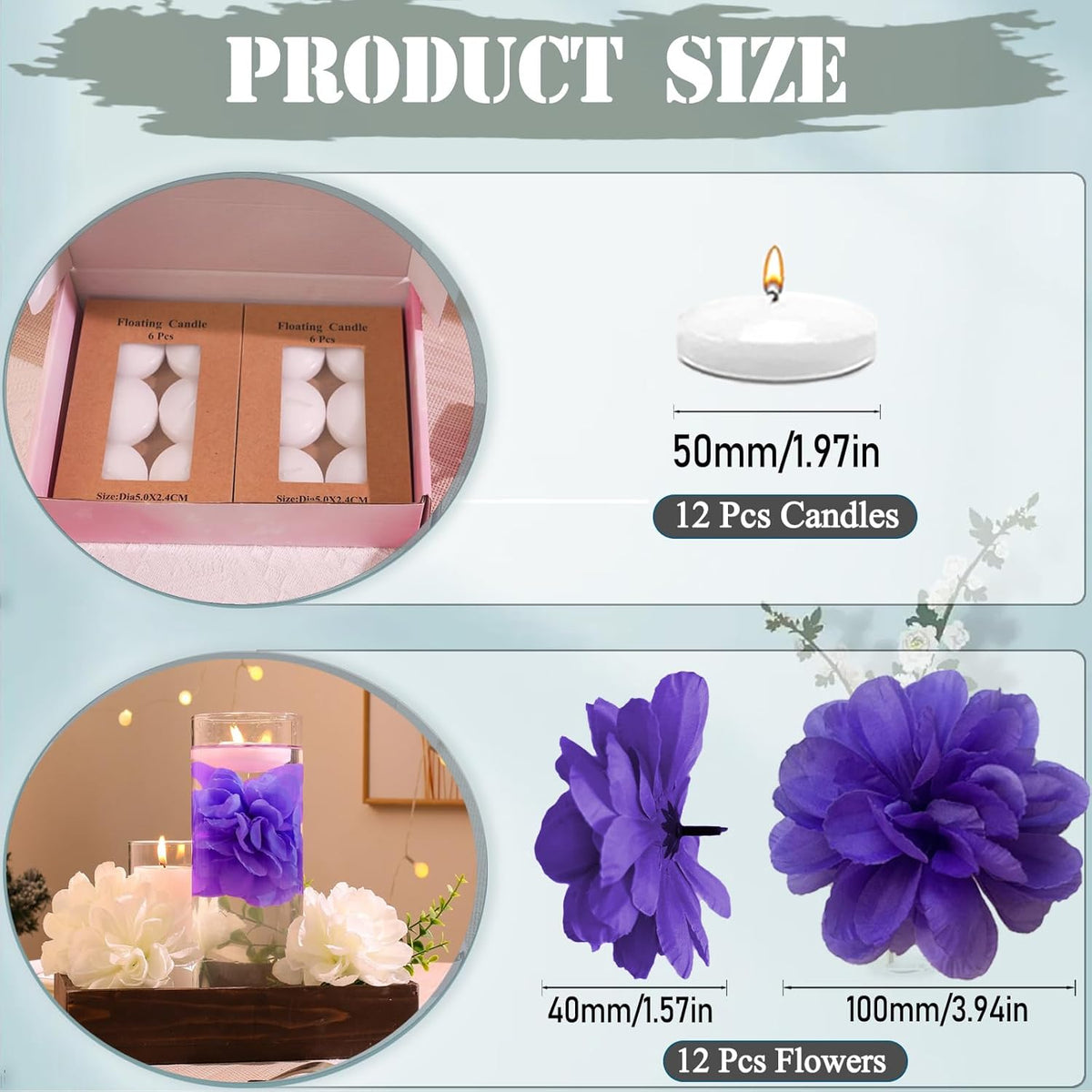 24 Pcs Floating Candles for Centerpieces and Floating Flowers Artificial Flowers Head Vase Filler