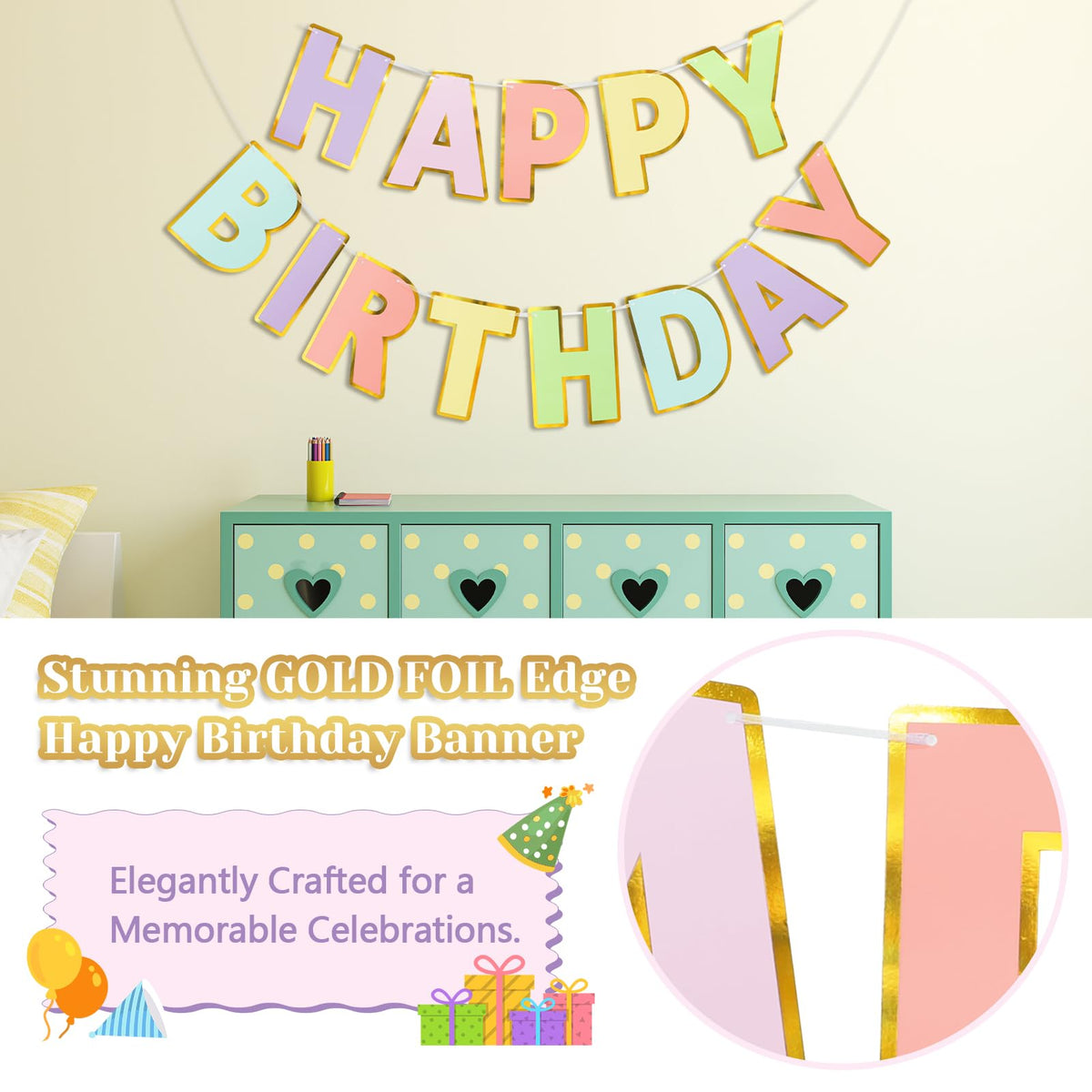 LITAUS Pre-Strung Happy Birthday Banner - Pastel Macaron Party Decorations