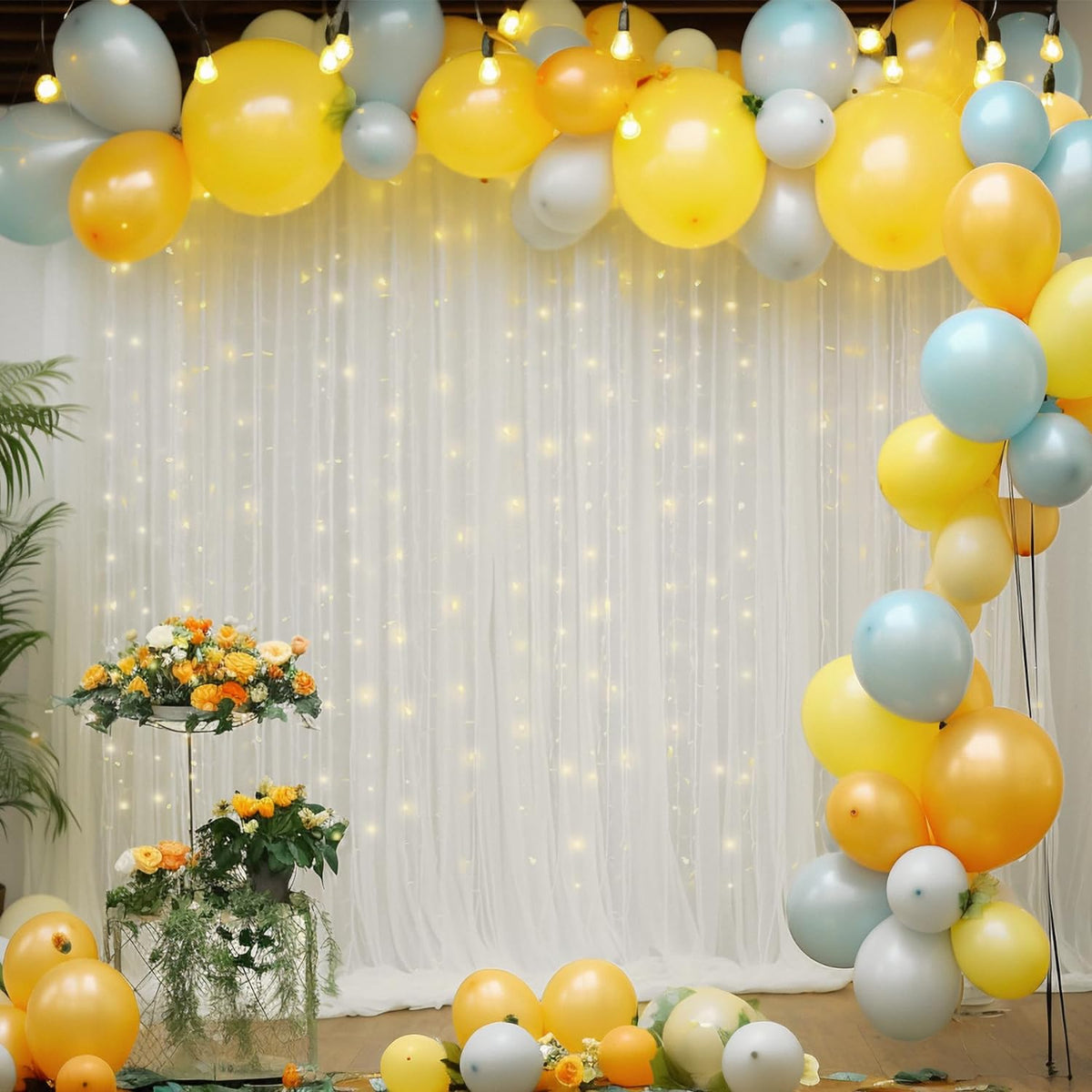 30×10ft White Tulle Backdrop Curtain with Lights String for Parties, Sheer Photo Backdrop Curtains