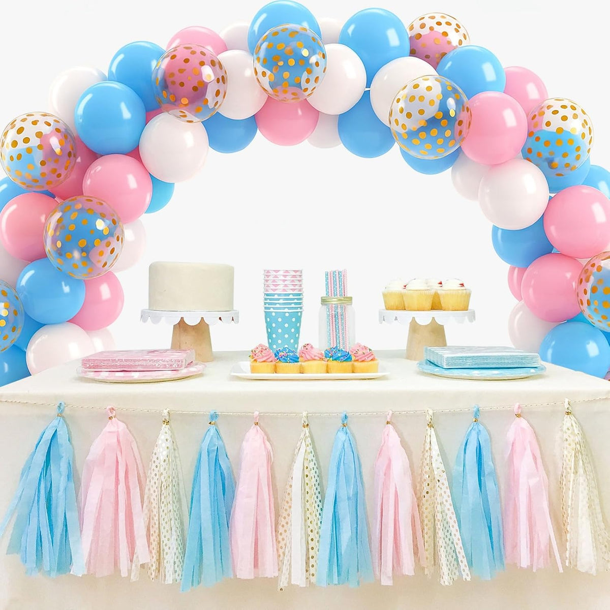 Patimate Gender Reveal Pink and Blue Balloons Set, 50 pcs 12 inch Pastel Blue Pink White Confetti