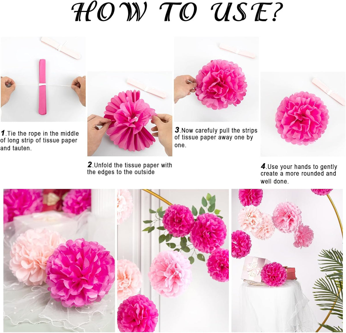 Hot Pink Tissue Pom Poms Paper Flowers Hanging Decorations Pink Flower Ball for Mother's Day Baby
