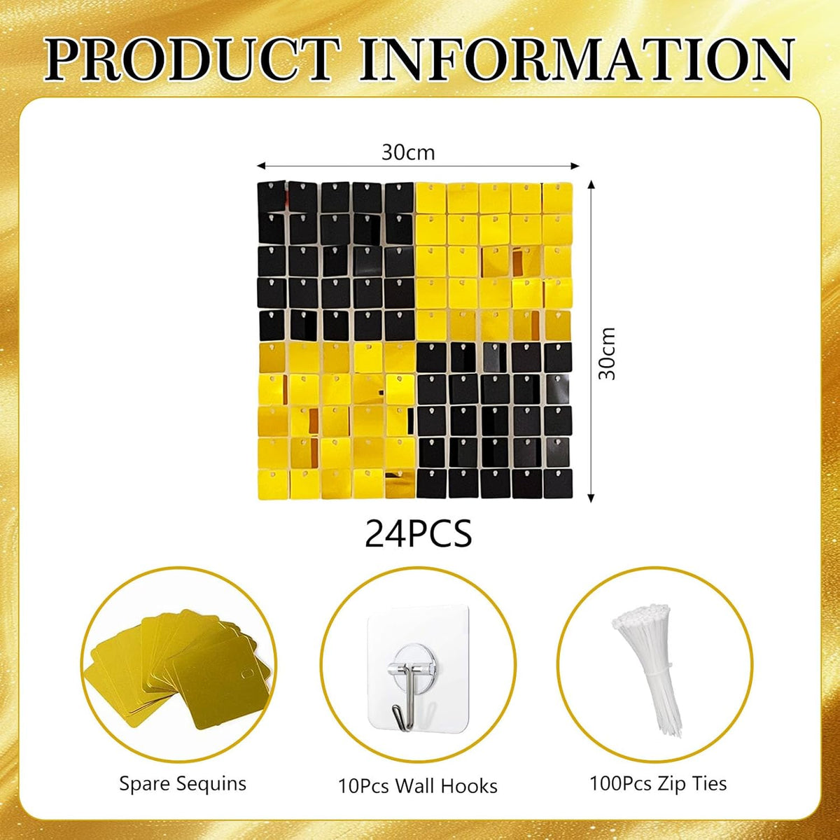 24PCS Black Gold Shimmer Wall Backdrop, Square Sequin Photo Backdrops Panel, Glitter Wall