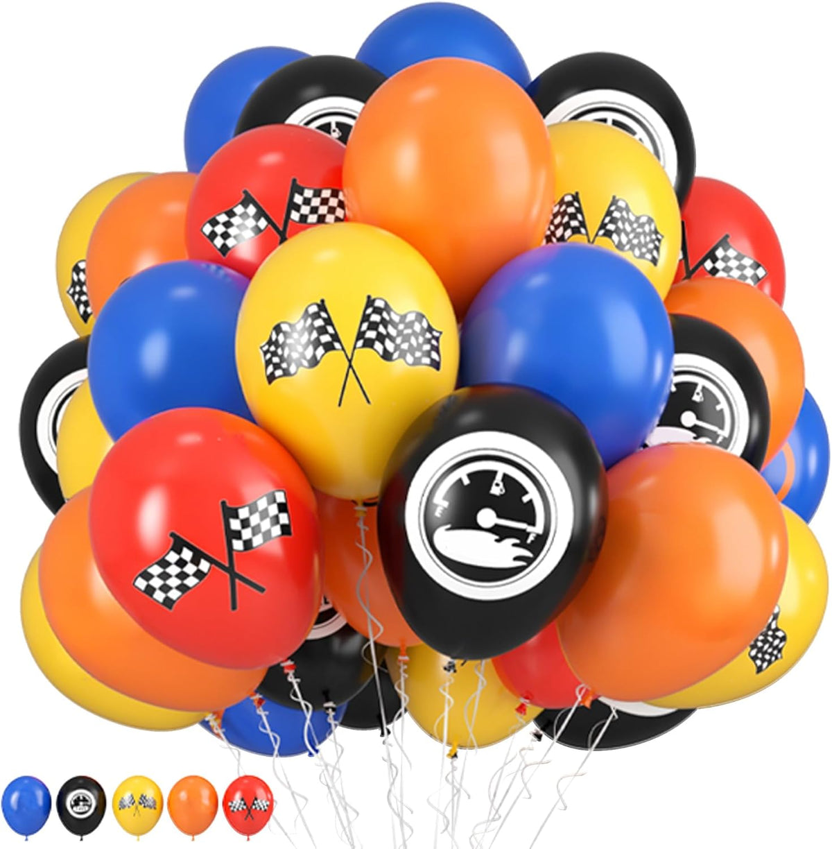 Race Car Balloons, 12 Inch Blue Black Yellow Orange Red Checkered Flag Car Balloons for Boy Race