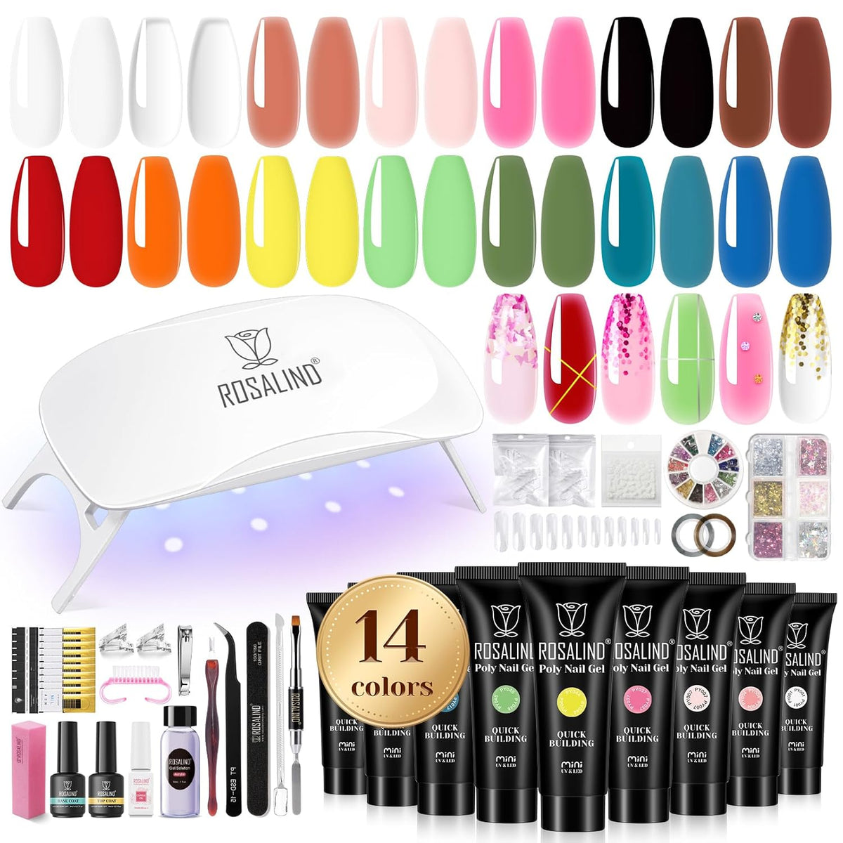 ROSALIND Poly Nail Gel Colors Kit -14 Colors +72 Nail Art Accessories kit Poly Nails Gel Kit