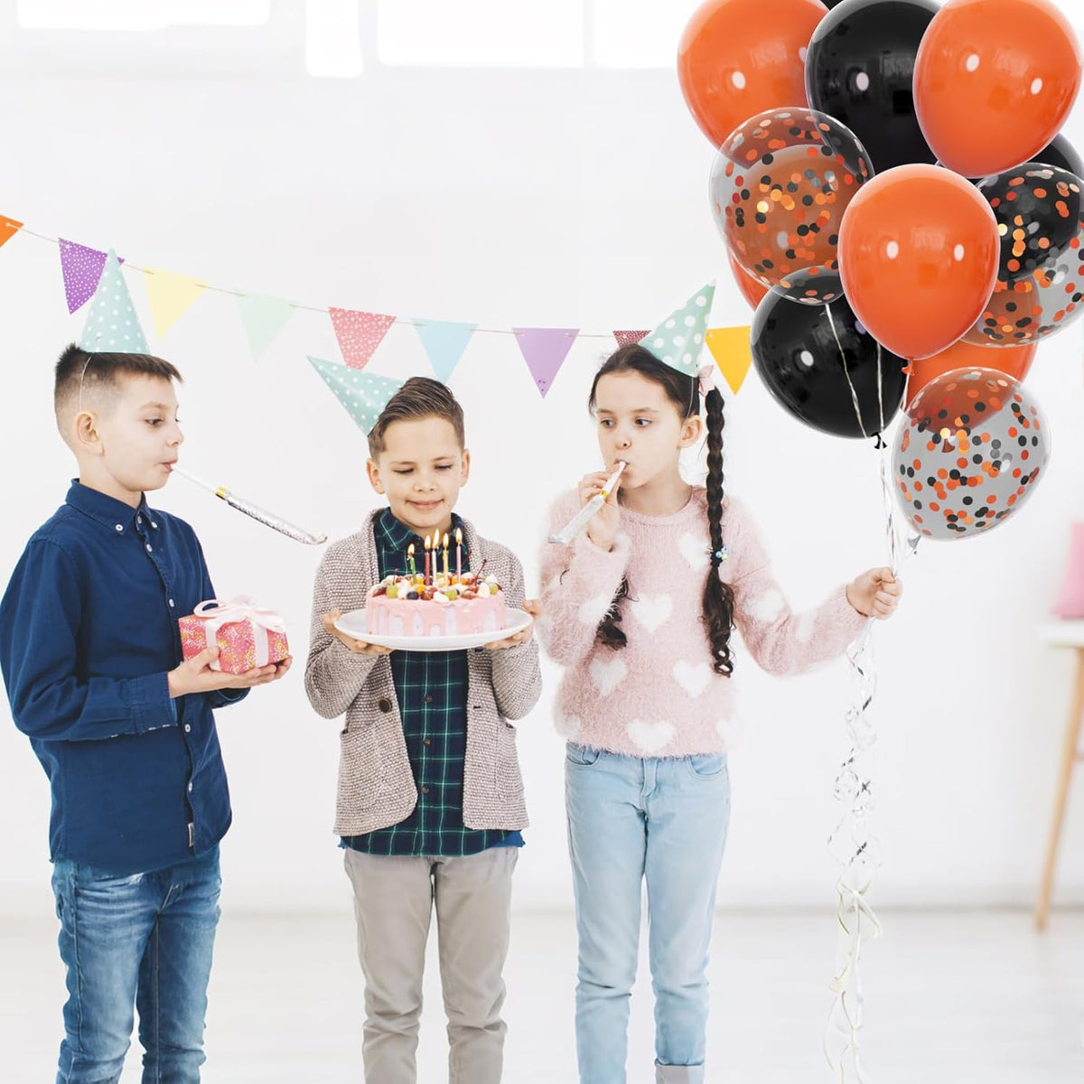 68Pcs Black and Orange Balloons, 12 inch Orange Black Latex Balloon Set with Confetti Ribbons