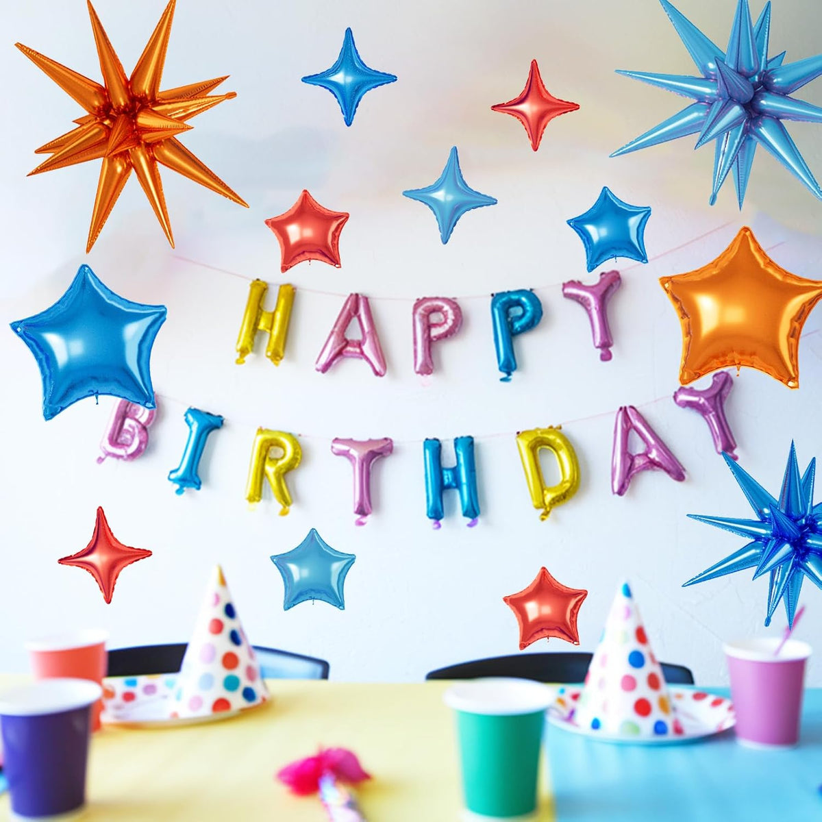 16 Pcs Orange and Blue Star Balloons, 22/18/10 Inch Foil Balloons, Four-Pointed Balloon for Kids