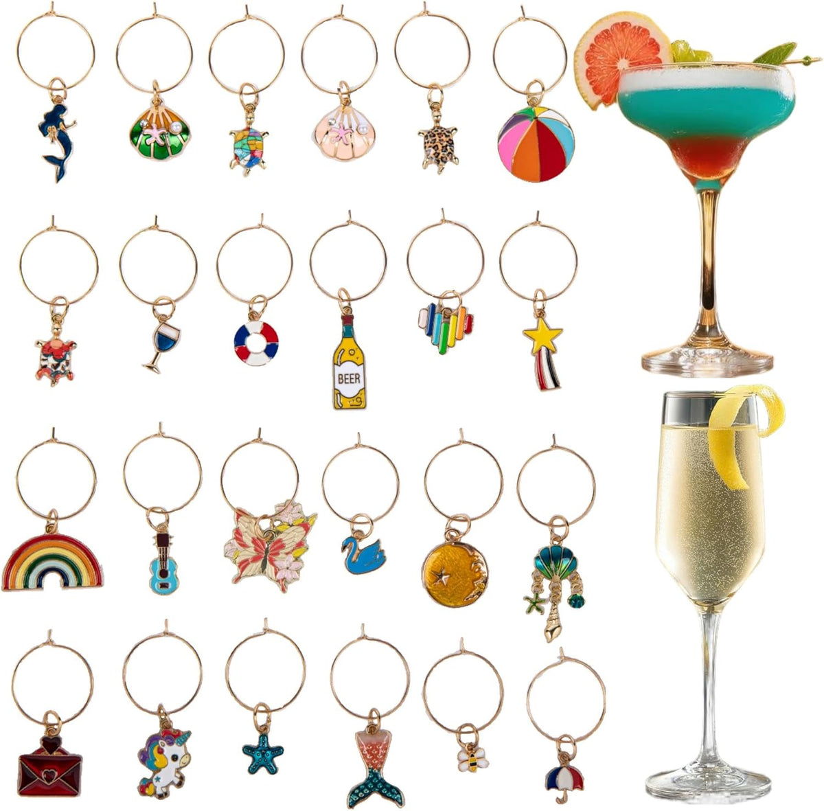 24Pcs Wine Glass Charms & Markers - Reusable Identifier Tags for Stem Glasses - Funny Non-Scratch