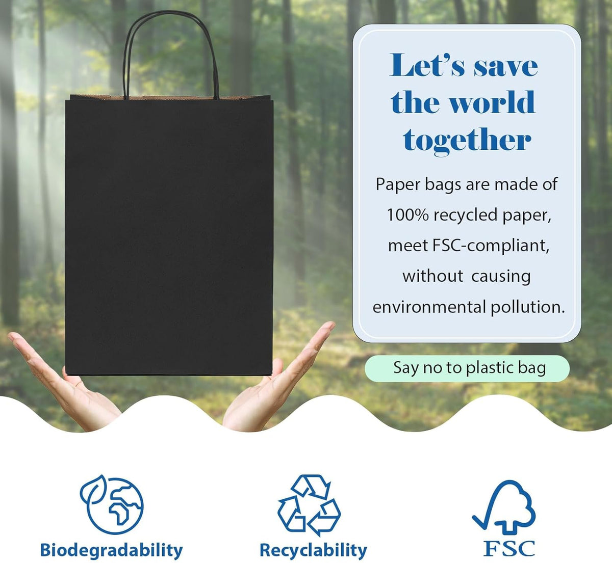 GSSUSA 400 Pack 8x4.25x10'' Paper Bags with Handles Bulk, Black Kraft Paper Gift Bags for Small