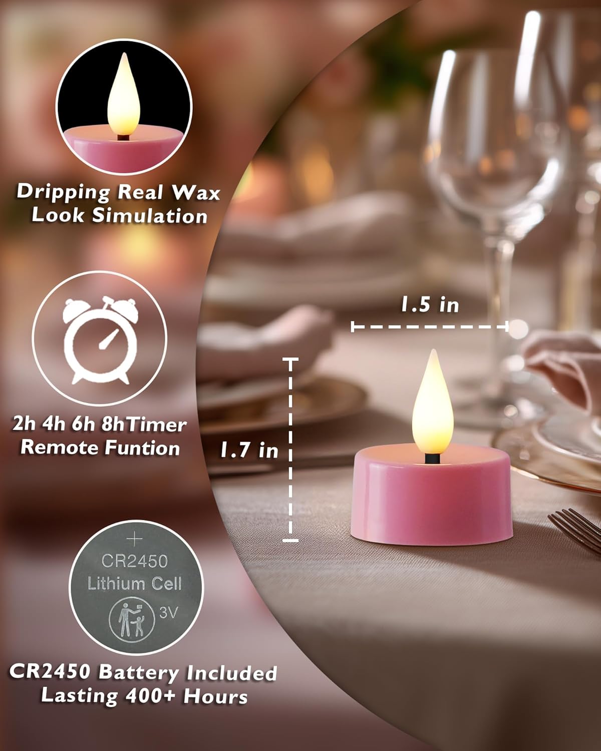 Amagic Flameless Pink Timer Remote Tealights Candles, 3D Black Wick Flickering Tea Light, 400+Hour