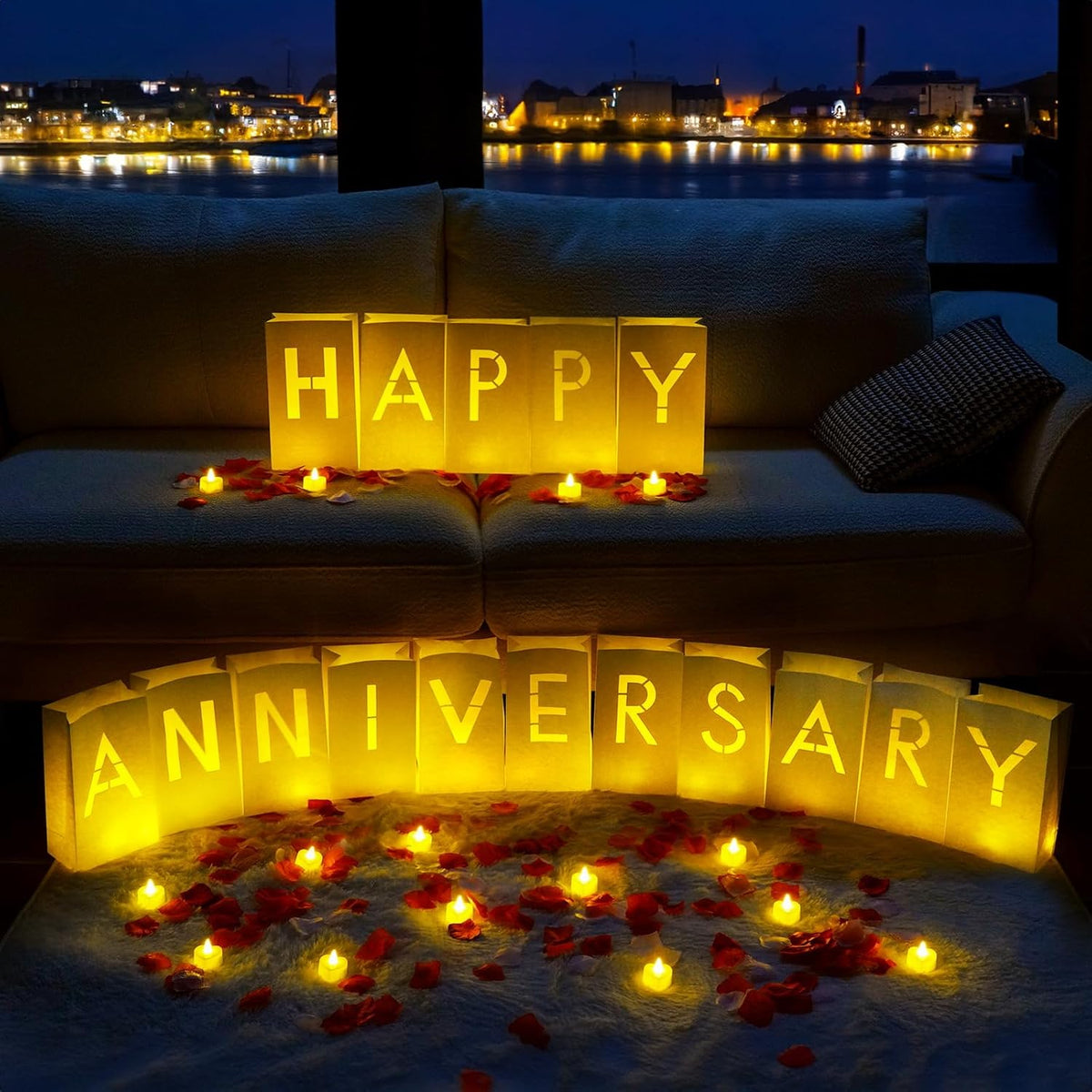 Homemory Happy Anniversary Decoration Light Up Letters with Flameless Candles and Fake Rose Petals