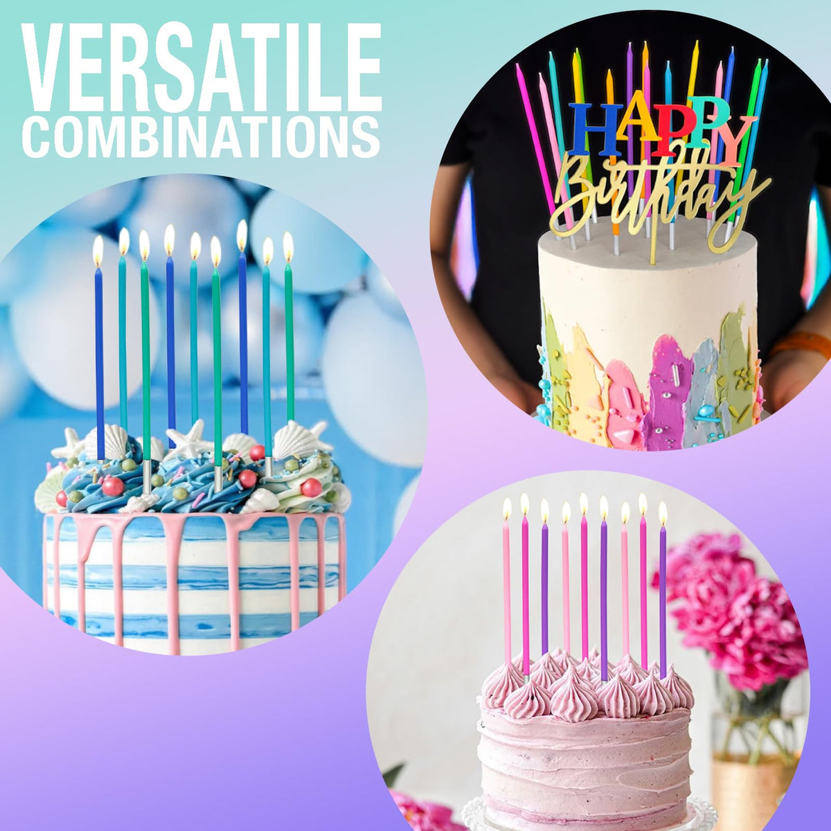 Apluselection 40-Count Rainbow Birthday Candles, Tall Thin Birthday Cake Candles Set, Rainbow
