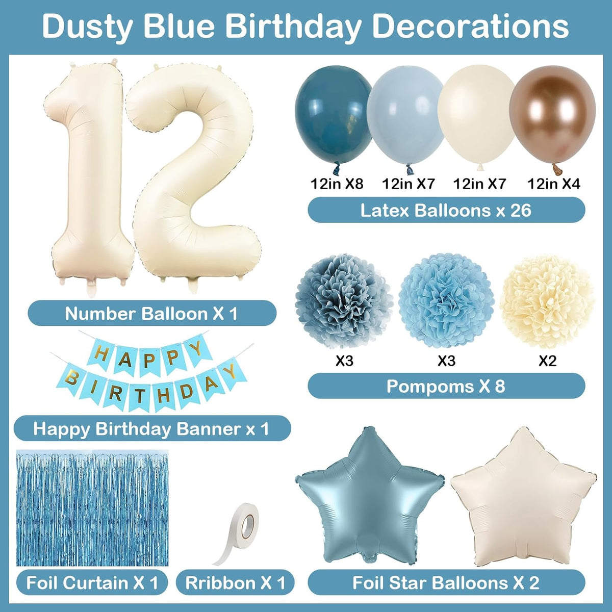 Dusty Blue 12th Birthday Party Decorations Boys Girls Beige Cream Number 12 Balloon with Blue Gold