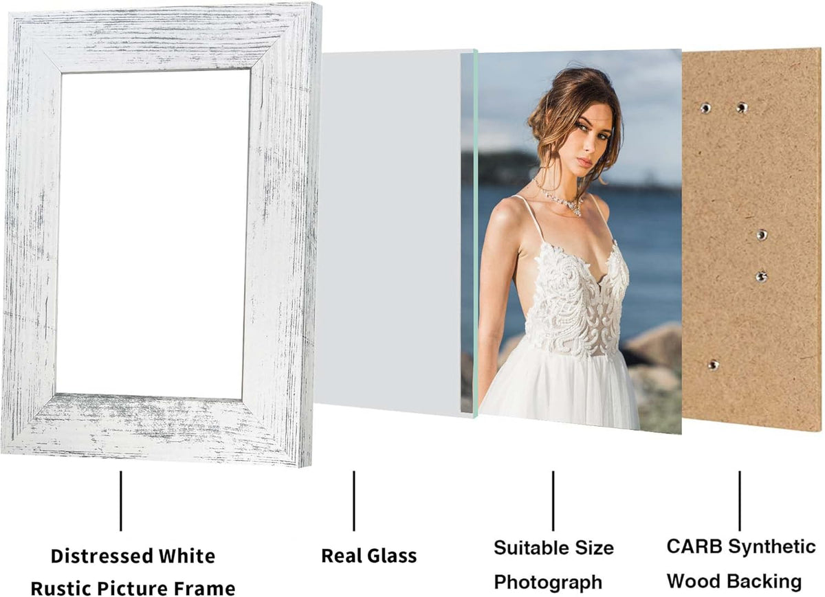 5x7 Picture Frame Set of 4, High Definition Glass Distressed White Frame, 5 x 7 Wood Photo Frames