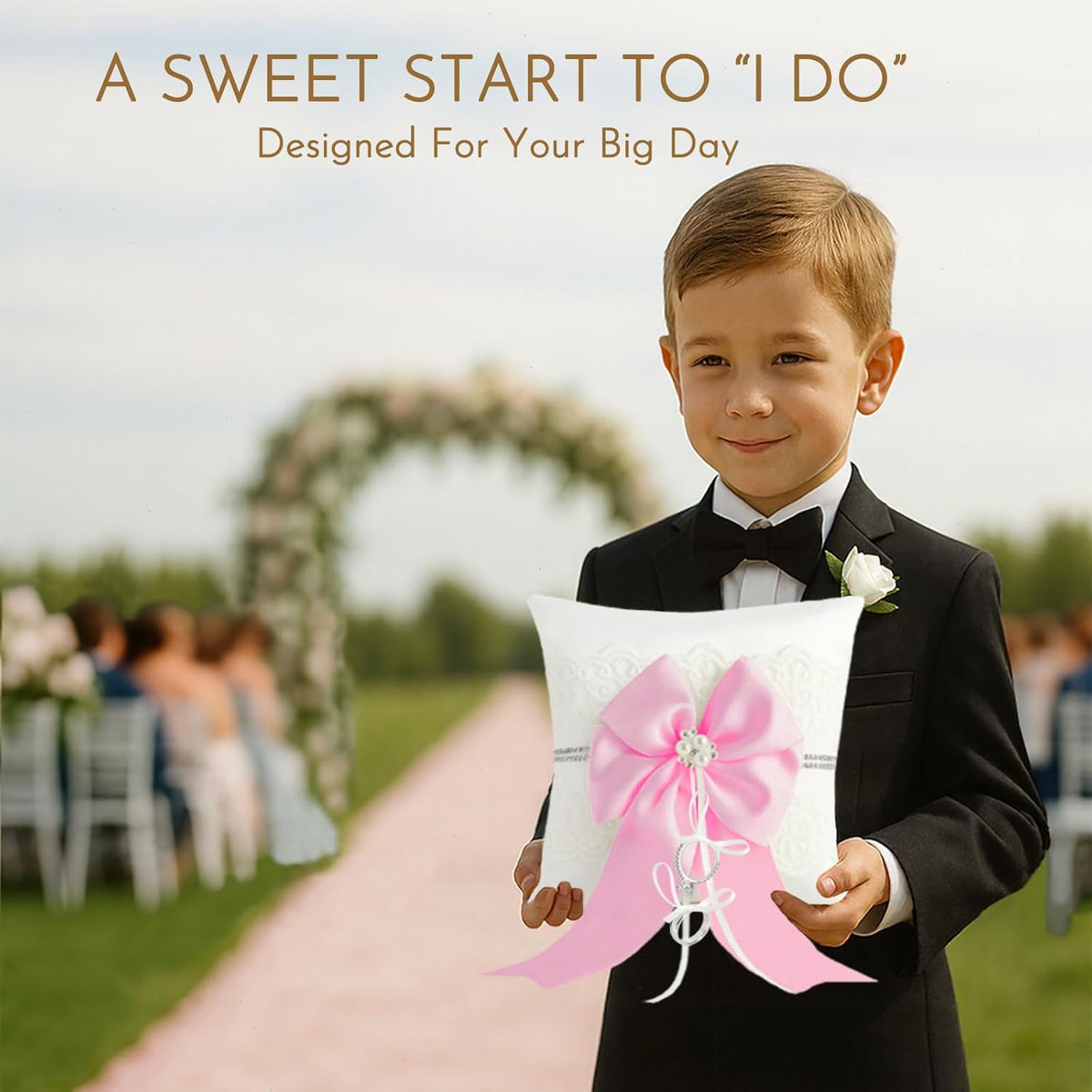 Wedding Ring Bearer Pillow: 8.2 x 8.2 Inch Satin Lace Cushion with Pink Pearl Bow for Ceremony Vows