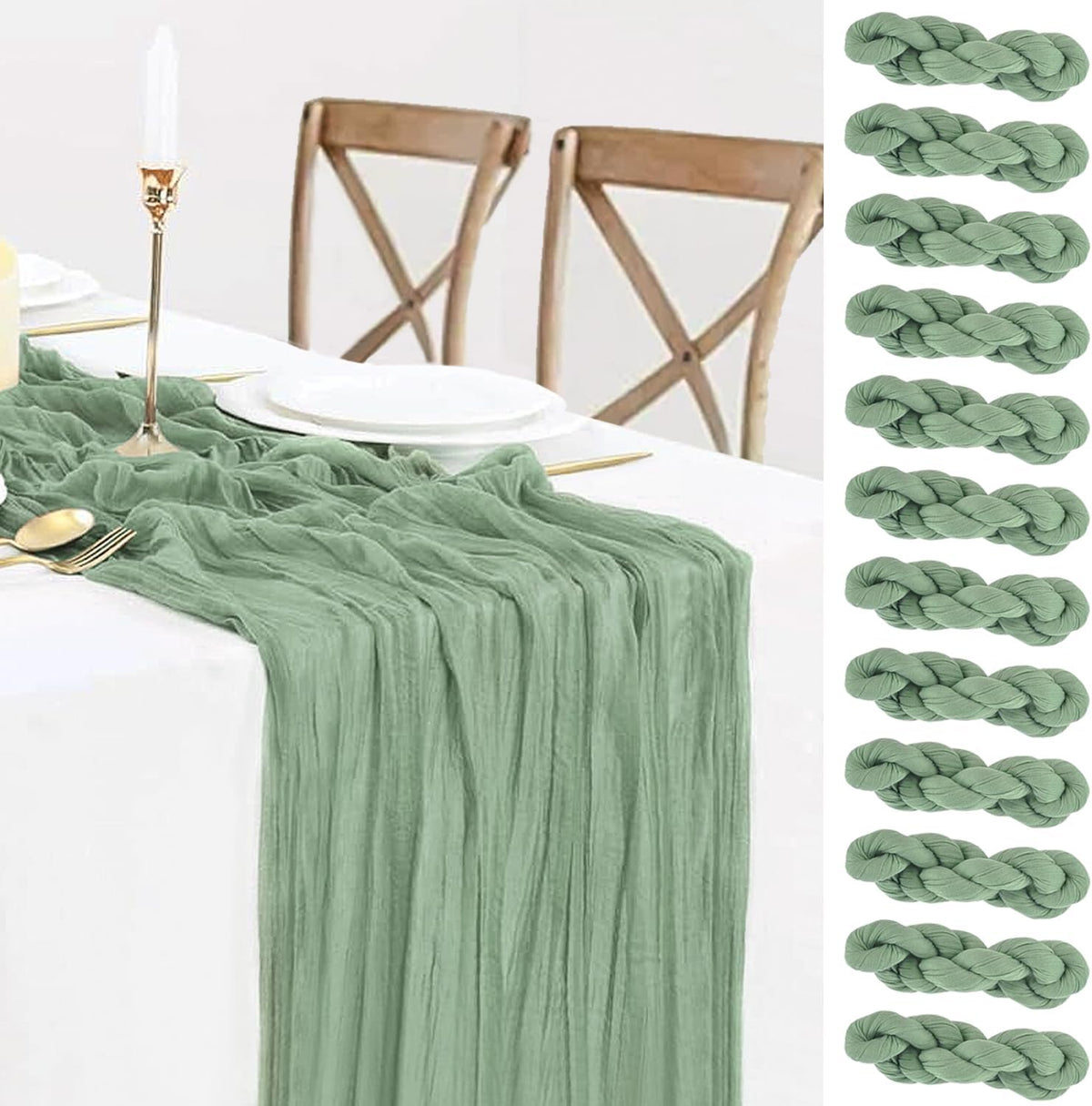 12 Pack Sage Green Table Runner Cheesecloth 35x120 Inch, 10Ft Boho Sheer Gauze Table Runner Cheese