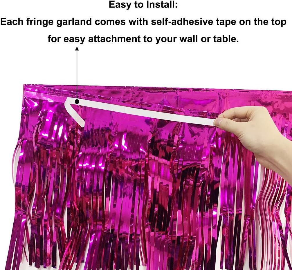 Thick 10 feet by 15 inches Fuchsia Foil Fringe Garland - Pack of 3 | Shiny Metallic Tassle Banner