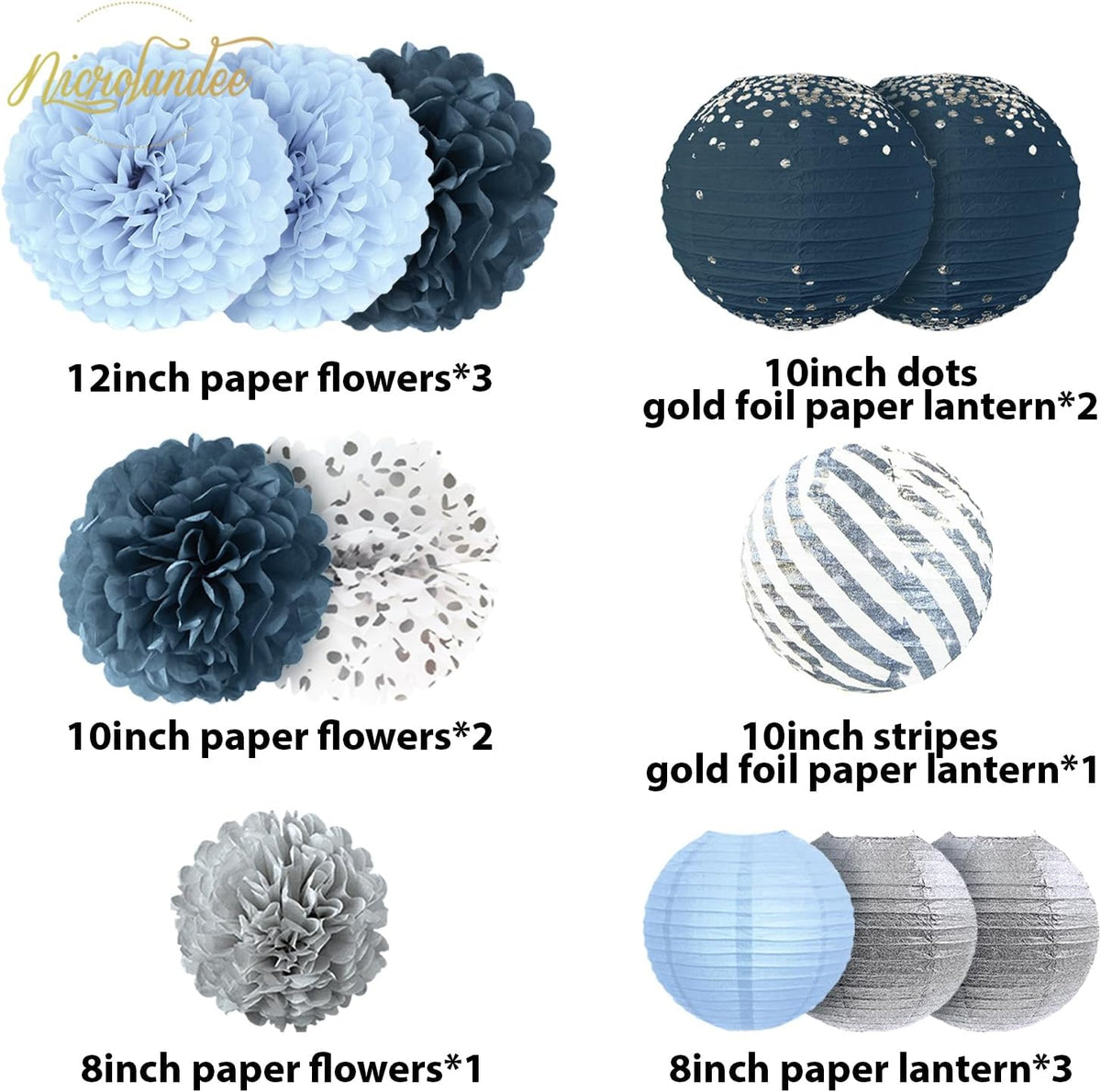 NICROLANDEE Dusty Blue Wedding Decorations, 12 PCS Blue Grey Tissue Pom Poms Paper Lanterns Decor