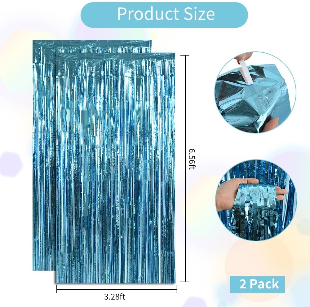 BEISHIDA 2 Pcs Light Blue Door Streamers Tinsel Curtain Party Backdrop Fringe Foil Wall Background