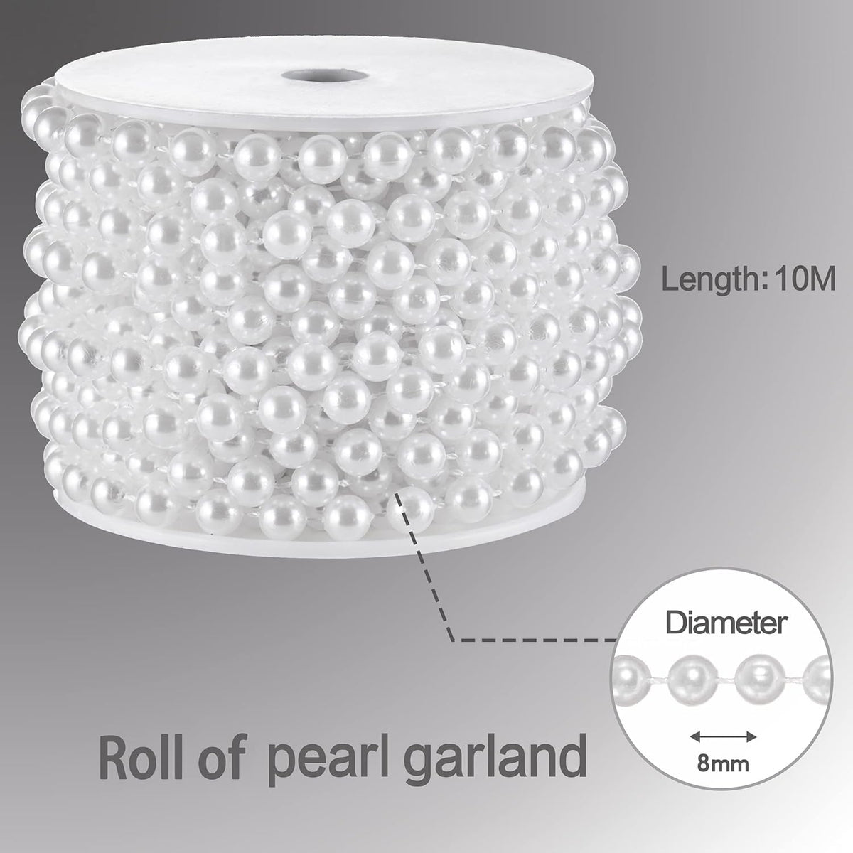 Craft String Pearls 8MM Pearl Bead, 33 Feet White Faux Pearl Garland Spool Roll Strand Wedding