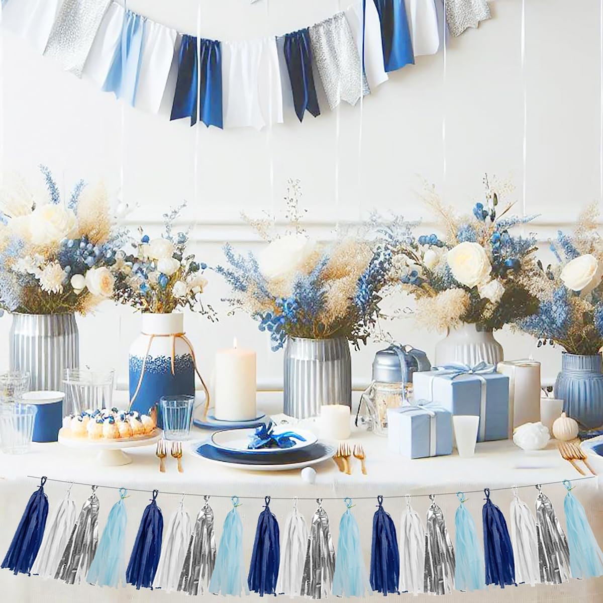 Teal Silver White Navy-Blue Party-Decorations – 15pcs Tissue Paper Tassel Garland Banner Birthday