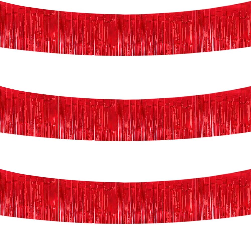 BEISHIDA 3 Packs 30 Feet Metallic Foil Fringe Garland Tinsel Streamers，Shiny Red Wall Hanging