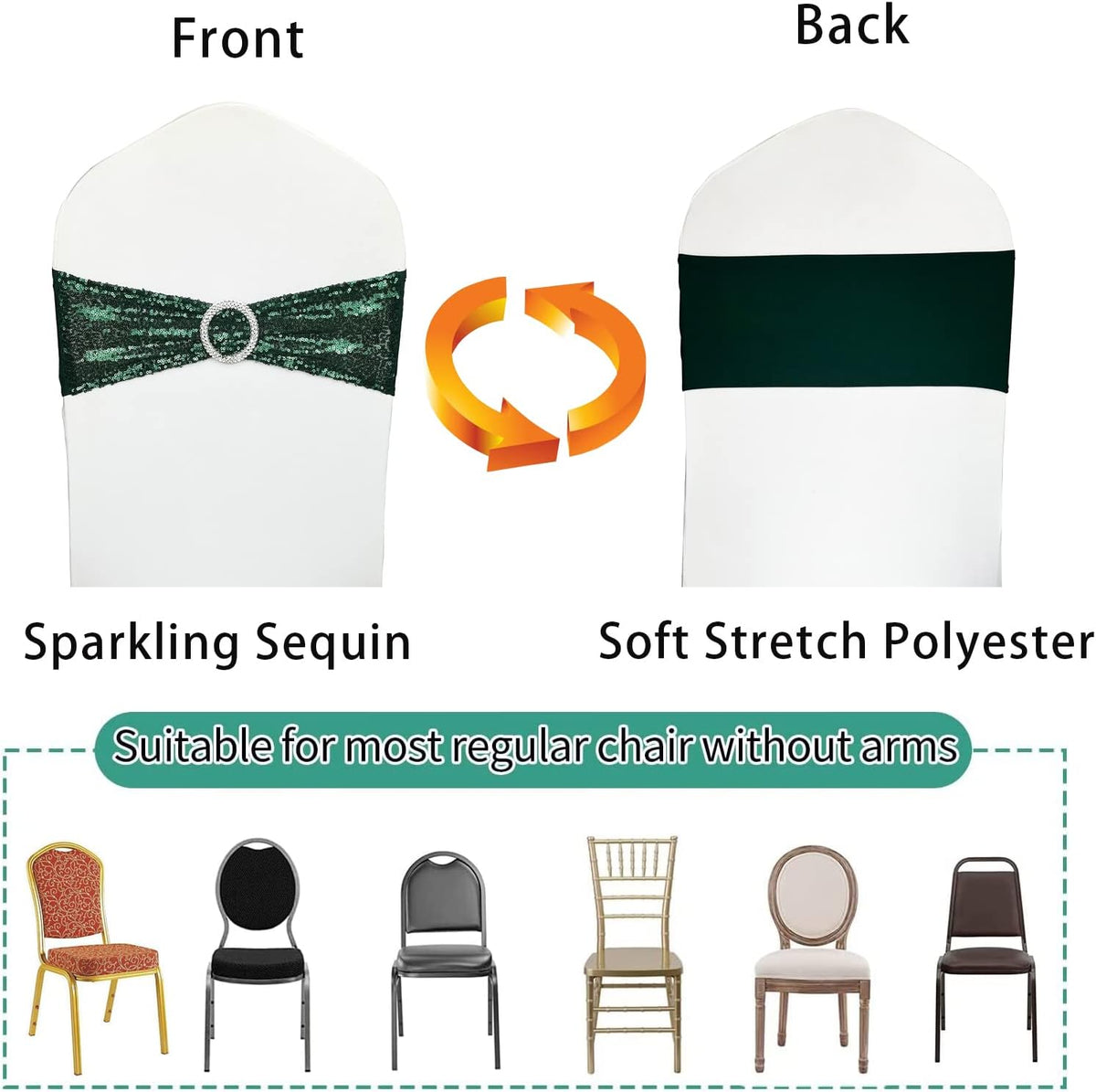 100 Pcs Chair Sashes Sequin Stretch Chair Bands Dark Green Spandex Polyester Bows for Party Hotel