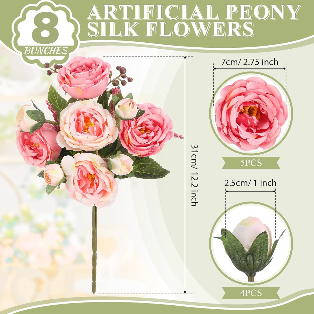 8 Bundles Artificial Peonies Flowers Boho Faux Flowers Arrangements Artificial Centerpiece Spring