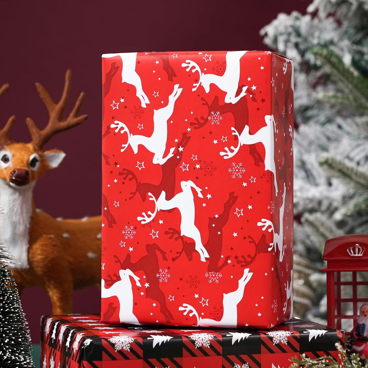 Ulmasinn Reversible Christmas Wrapping Paper Roll - 17" x33ft Double-Sided Designs with Red Nordic
