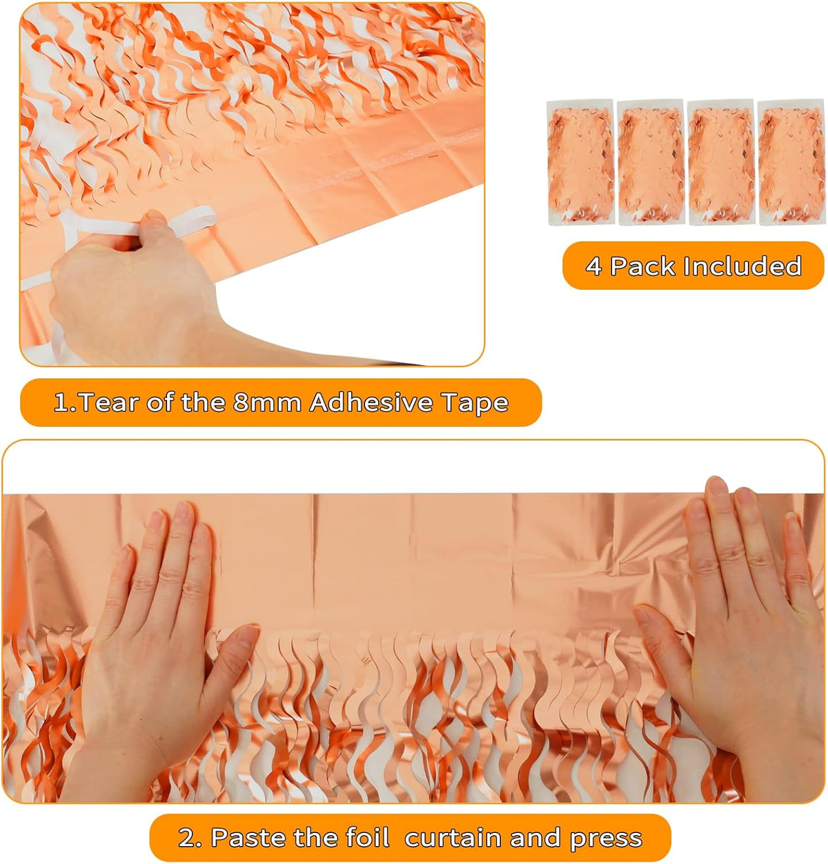 4 Pack Rose Gold Backdrop Birthday Decorations - 3.3x6.6ft Wavy Tinsel Foil Backdrop Party Streamer
