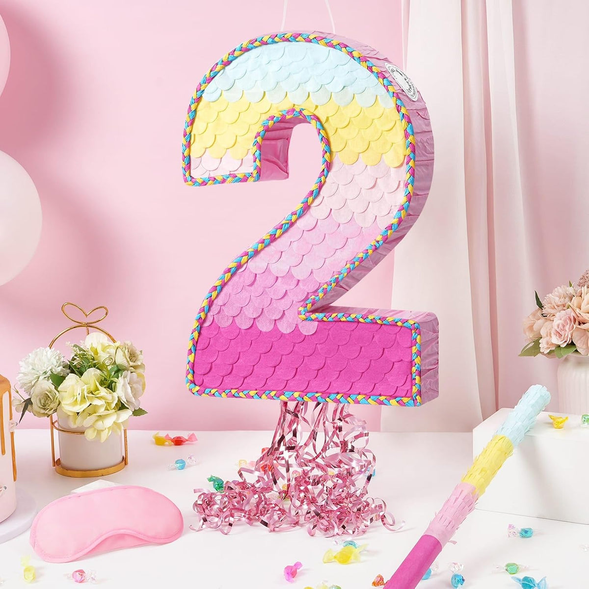 WERNNSAI Pink Sweet Two Pinata - Number 2 Pinata Happy Birthday Decoration Pink Rainbow Design
