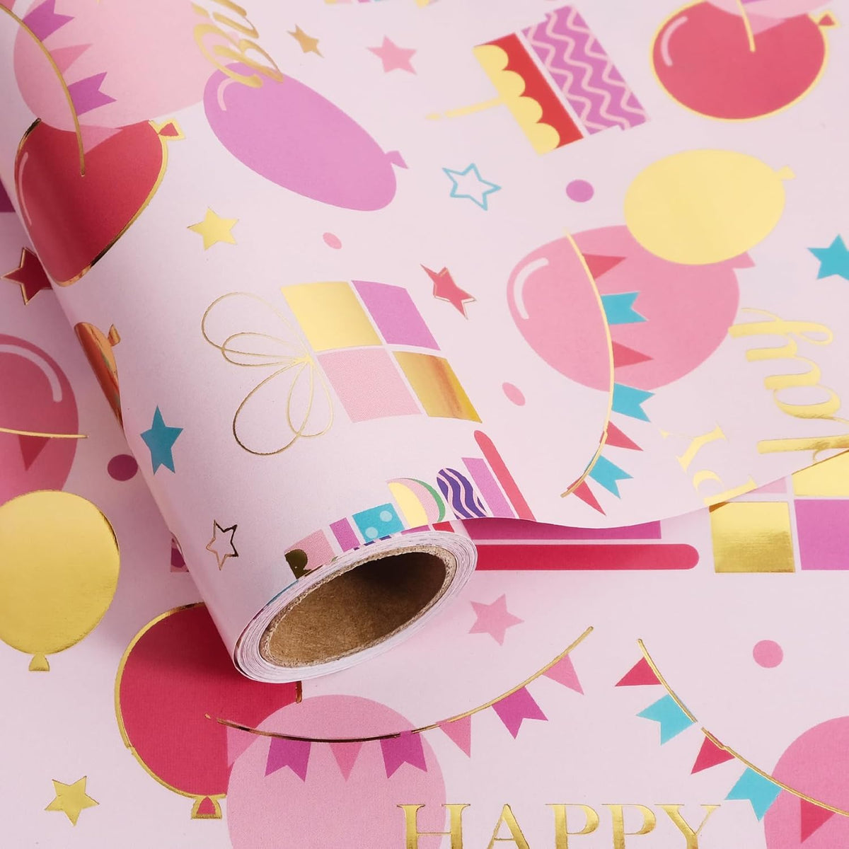Aimyoo Pink Birthday Wrapping Paper Roll - 17 Inch X 16.4 Feet - Gold Foil Celebration Cake