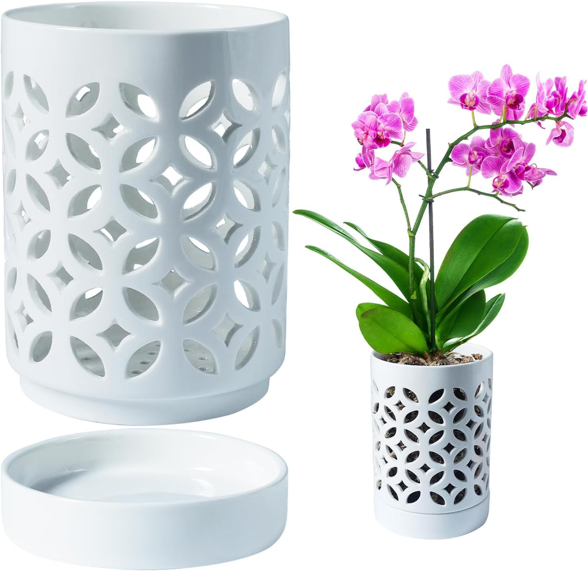 Orchid Pot with Holes & Saucers, Ceramic Pots for Repotting, Breathable Slotted Orchid Pots Flower