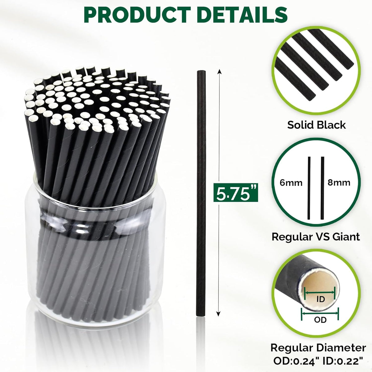 [500 Bulk] 5.75 inch Black Short Paper Straws, Stir Straws for Cocktail, Coffee, Mixed Drinks