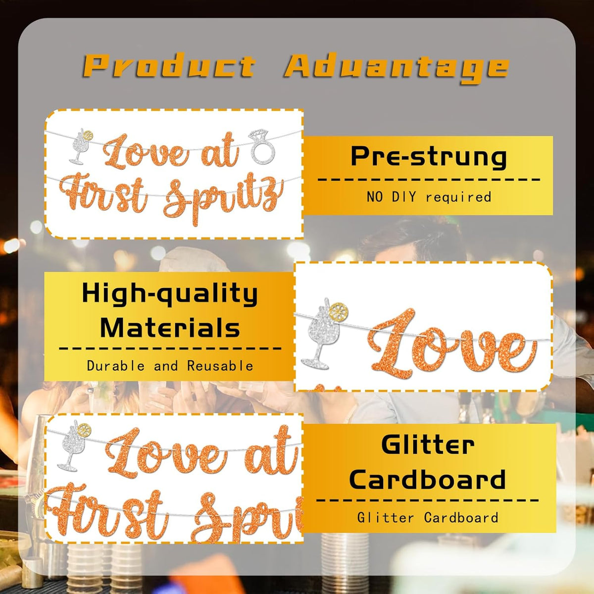 Love At First Spritz Wedding Banner - Bridal Shower Decorations, No Diy, Glitter Just Engaged